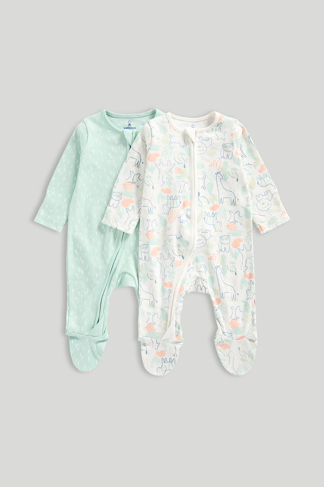 Mothercare 2 Pack Animal Zip-Up Sleepsuits