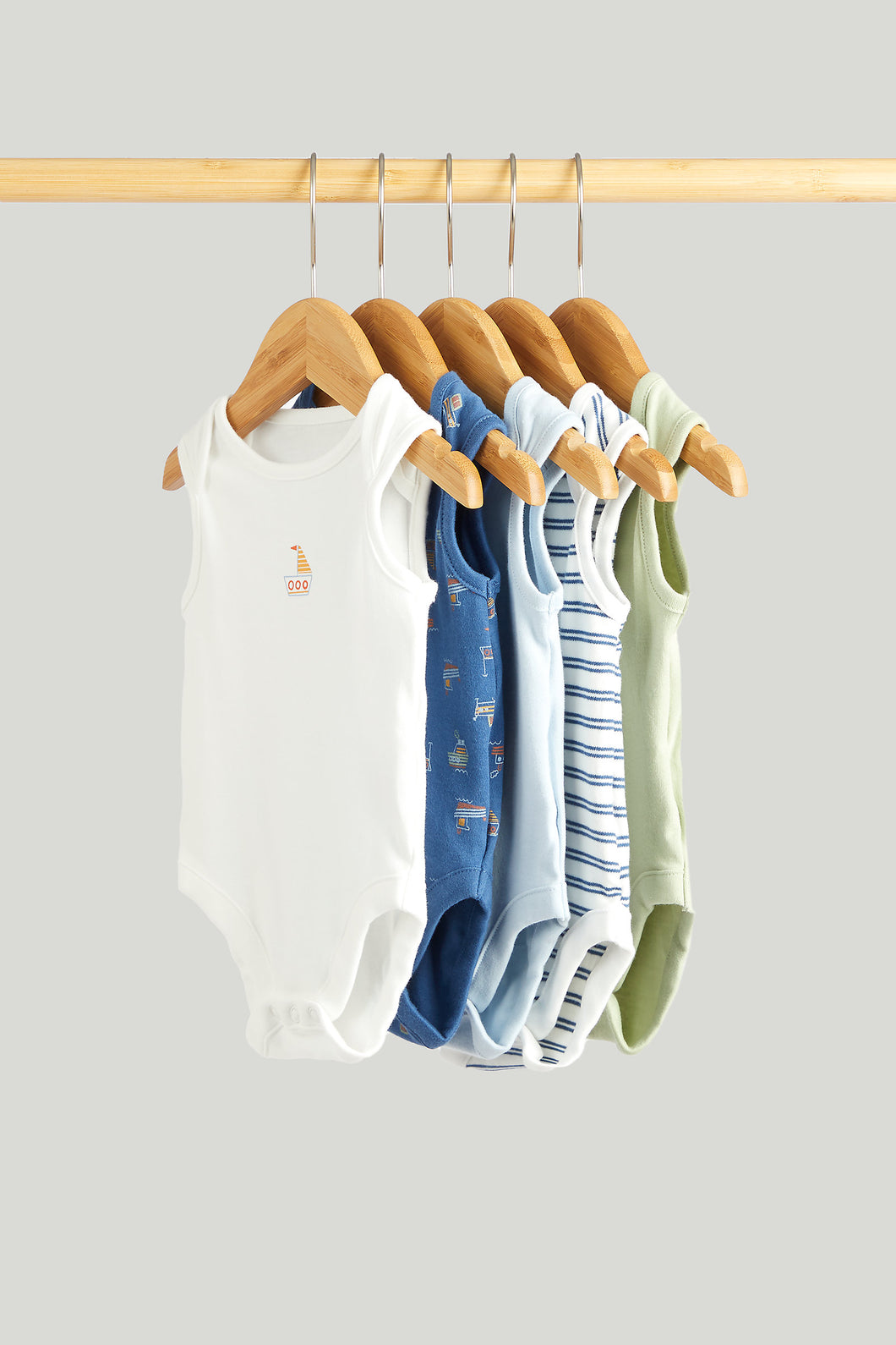 Mothercare 5 Pack Boat and Stripe Sleeveless Bodysuits