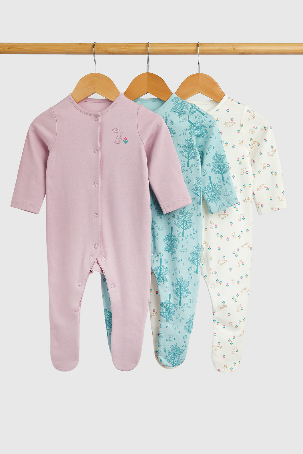 Mothercare Garden Bunny Baby Sleepsuits - 3 Pack