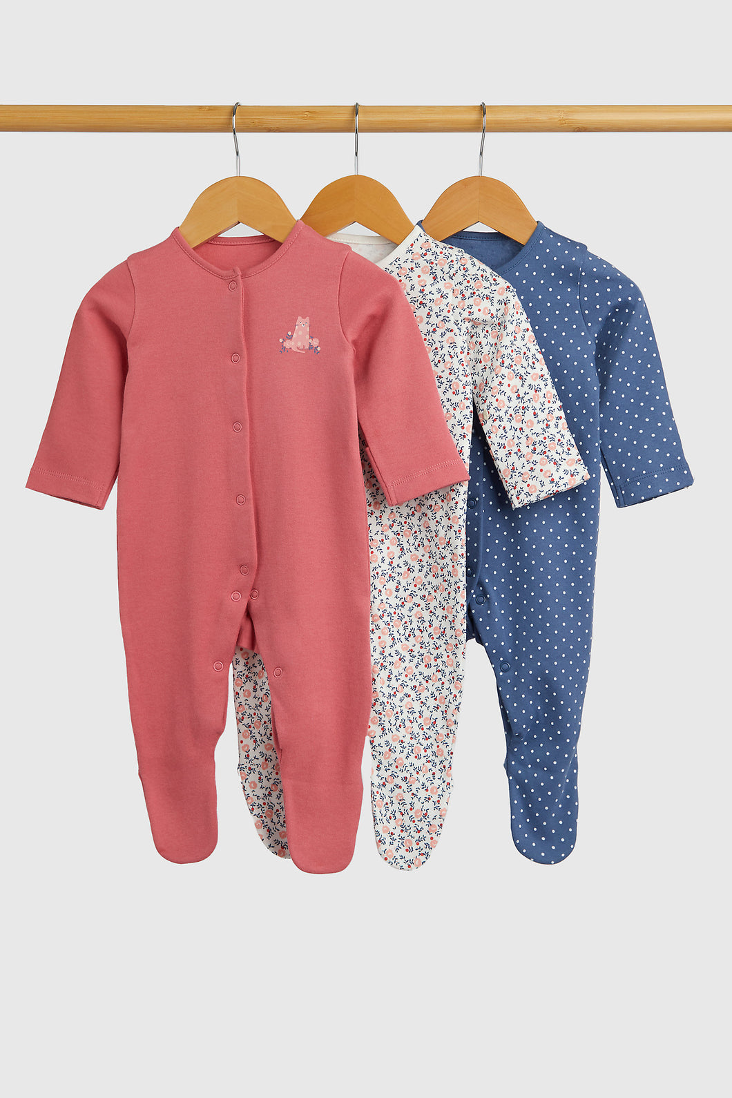 Mothercare Ditsy Floral Baby Sleepsuits - 3 Pack