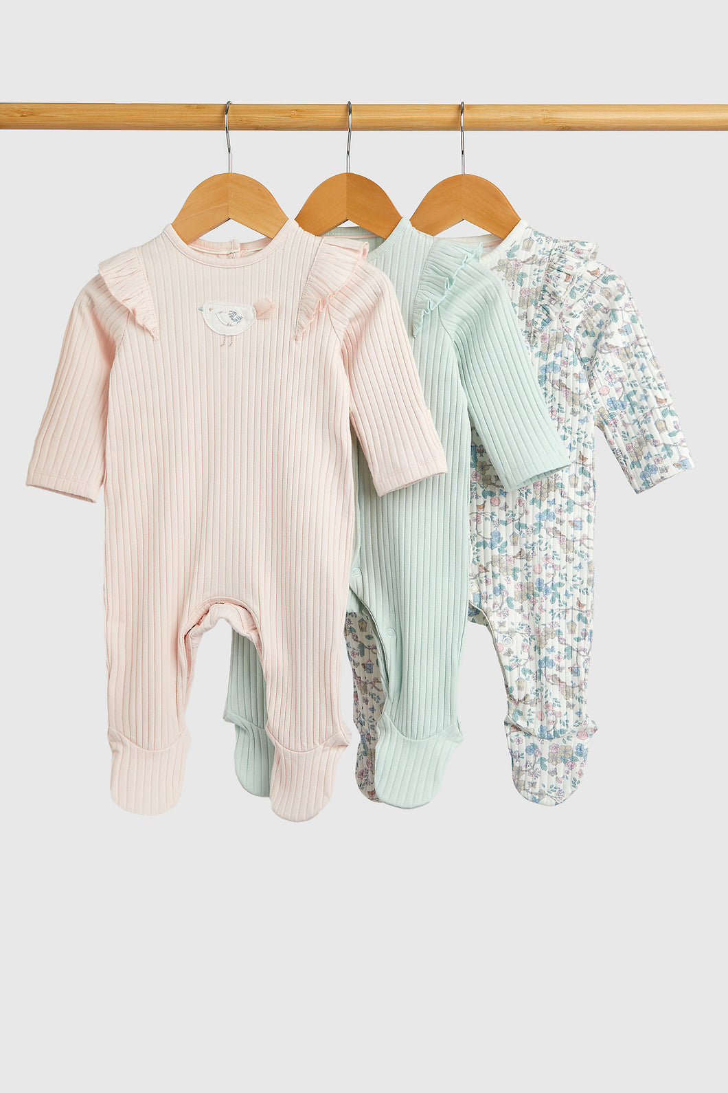 Mothercare Pretty Bird Ribbed All-in-Ones - 3 Pack