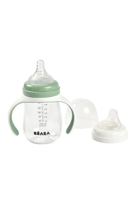 Beaba 2-In-1 Learning Glass Milk Bottle With Silicone Cover Sage Green 1