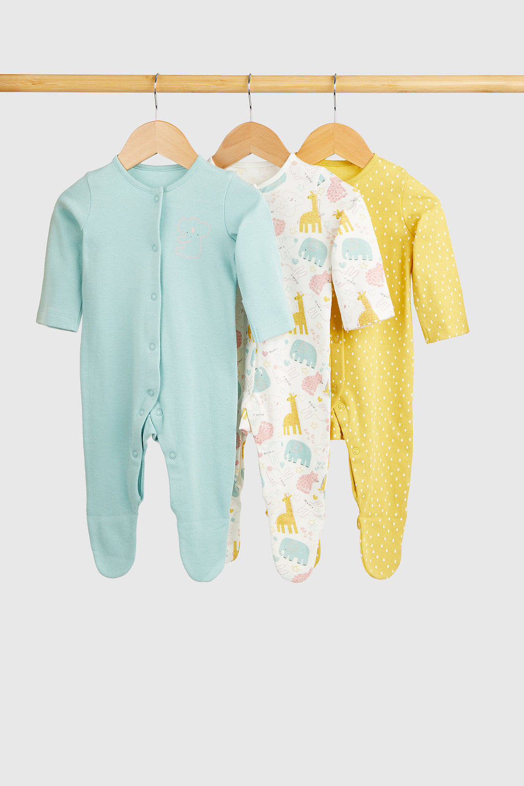 Mothercare Safari Baby Sleepsuits - 3 Pack